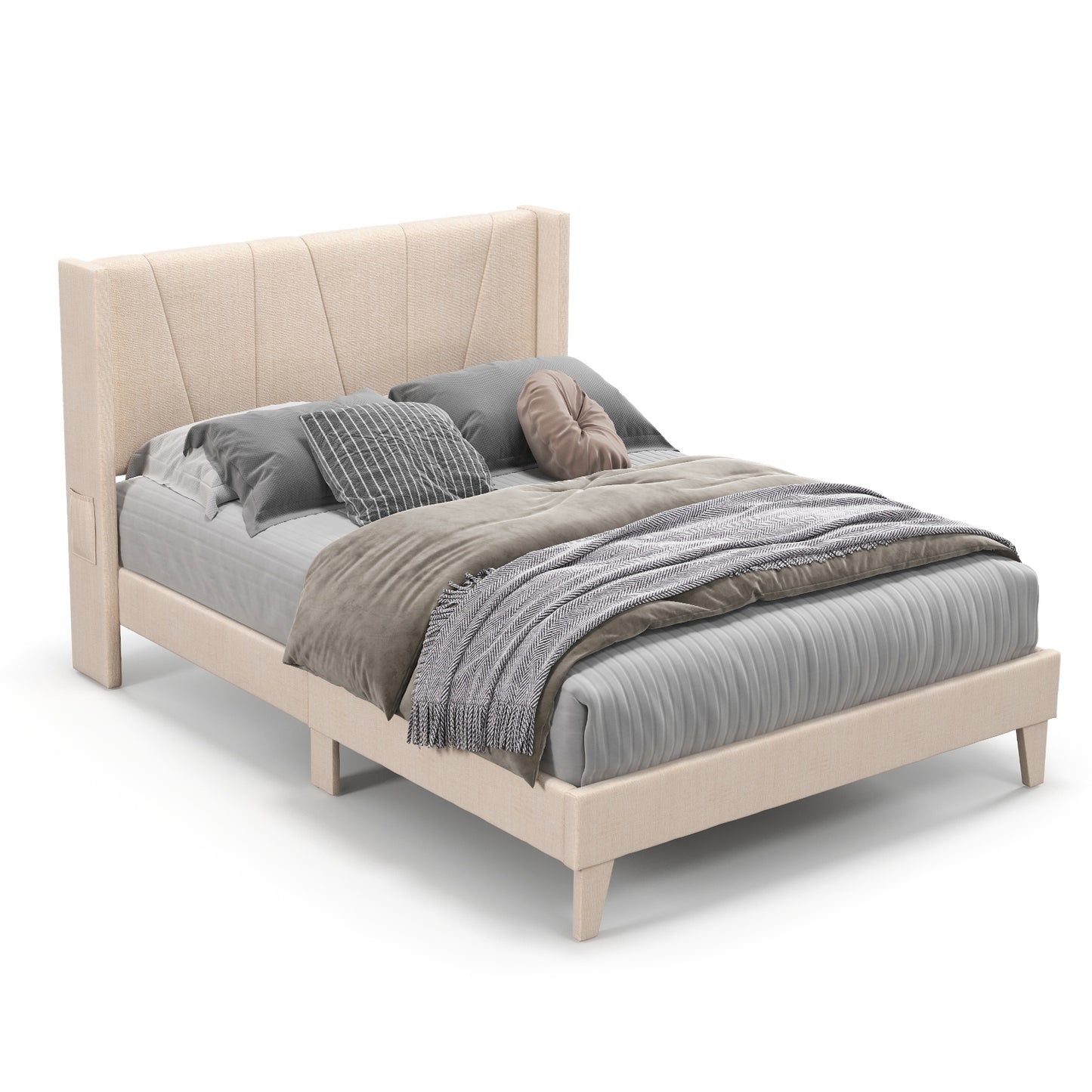 Upholstered Bed Frame with Modern Geometric Wingback Headboard – Full/Queen Size