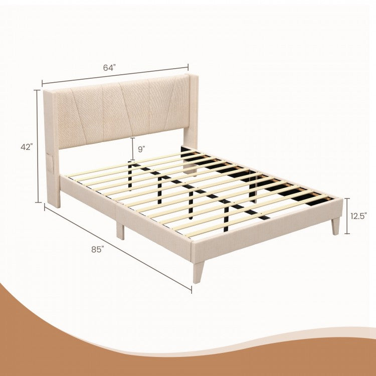 Upholstered Bed Frame with Modern Geometric Wingback Headboard – Full/Queen Size