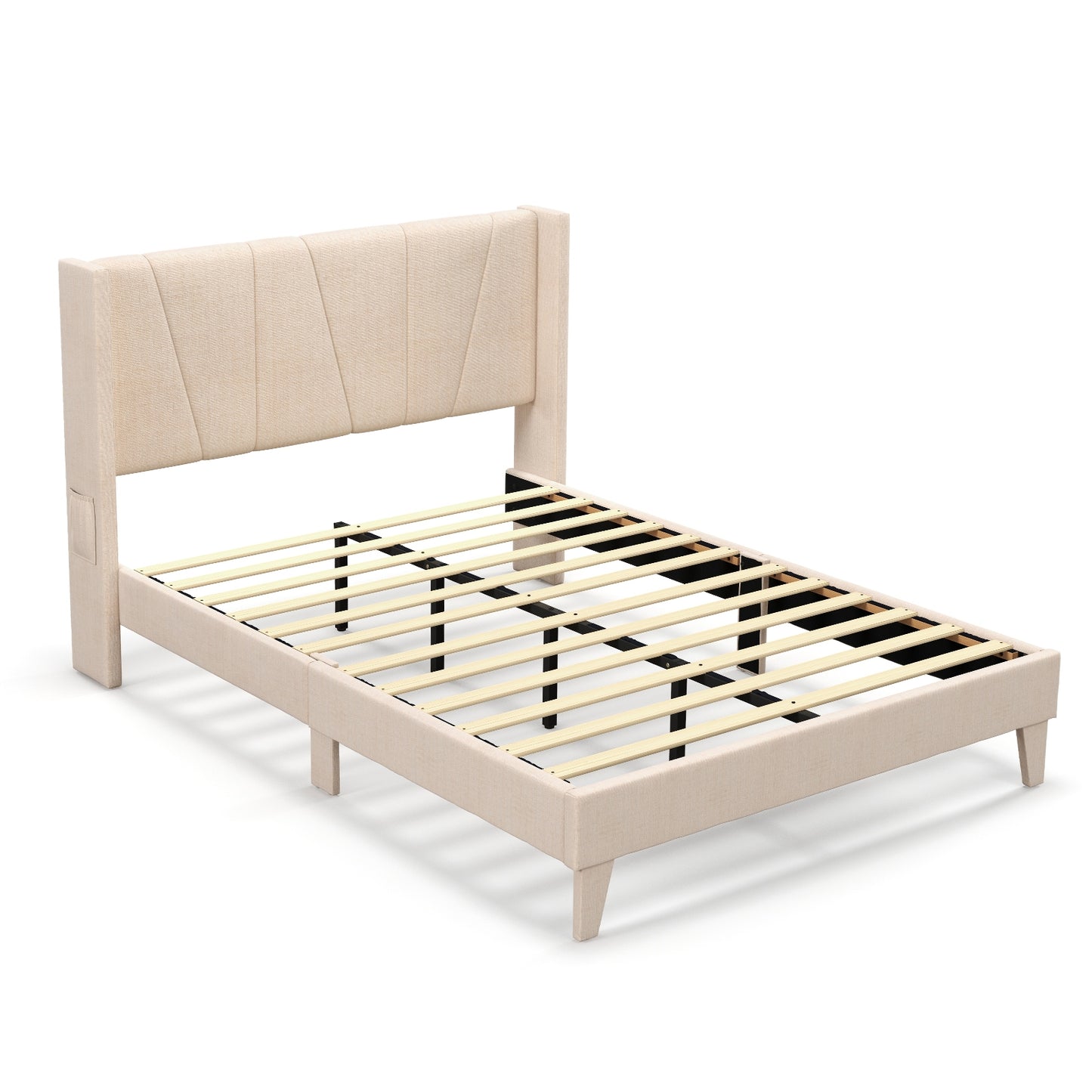 Upholstered Bed Frame with Modern Geometric Wingback Headboard – Full/Queen Size