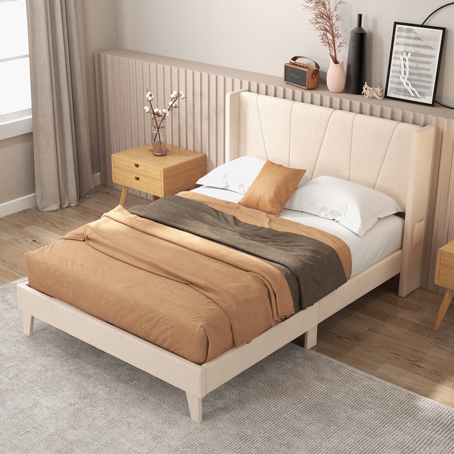 Upholstered Bed Frame with Modern Geometric Wingback Headboard – Full/Queen Size