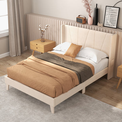 Upholstered Bed Frame with Modern Geometric Wingback Headboard – Full/Queen Size