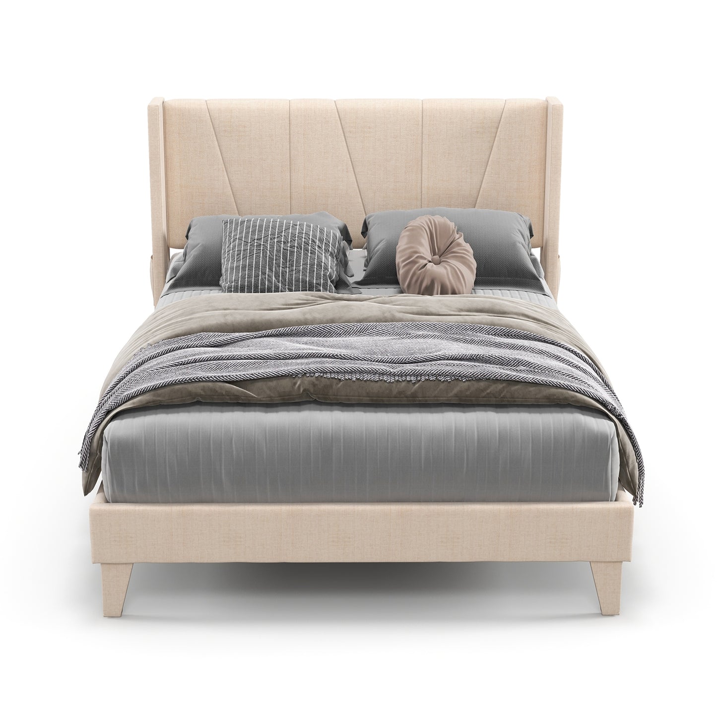 Upholstered Bed Frame with Modern Geometric Wingback Headboard – Full/Queen Size