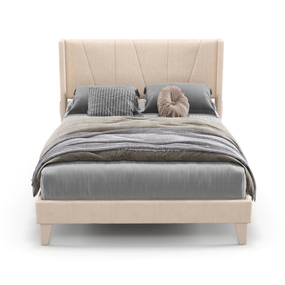 Upholstered Bed Frame with Modern Geometric Wingback Headboard – Full/Queen Size
