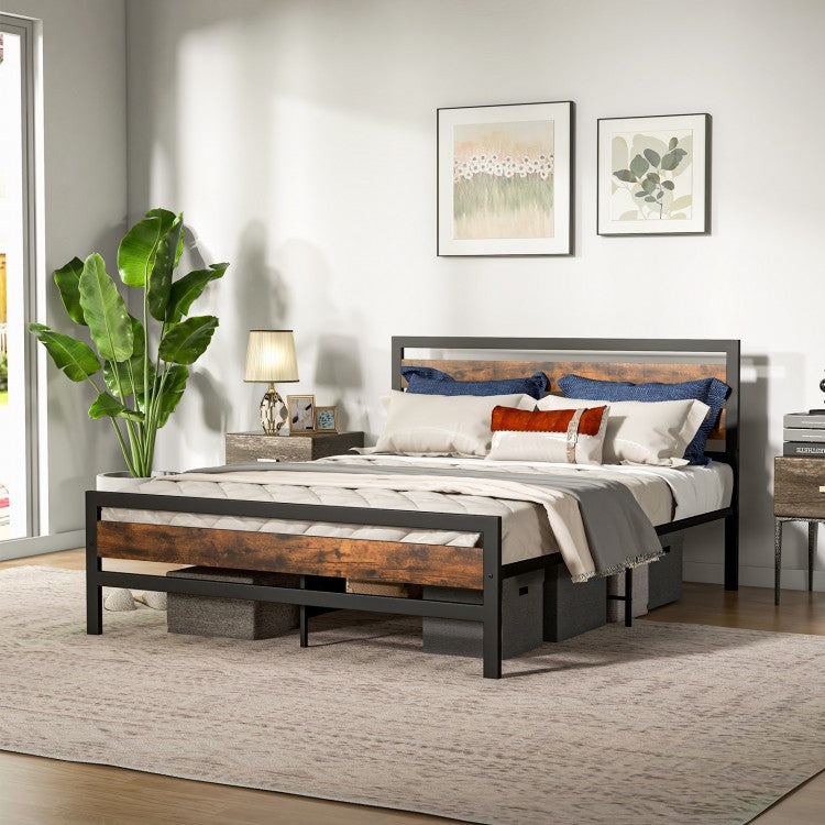 Rustic Industrial Bed Frame with Headboard, Footboard, and Under-Bed Storage – Full/Queen Size