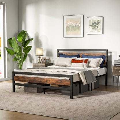 Rustic Industrial Bed Frame with Headboard, Footboard, and Under-Bed Storage – Full/Queen Size