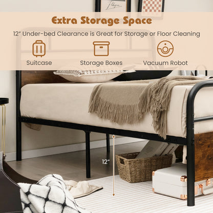 Industrial Metal Bed Frame with Rustic Headboard – Full Size