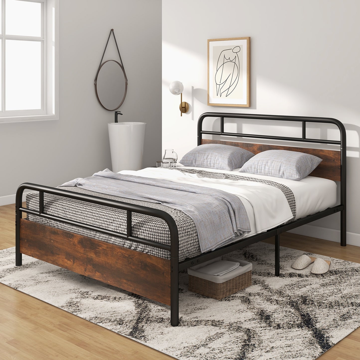 Industrial Metal Bed Frame with Rustic Headboard – Queen Size