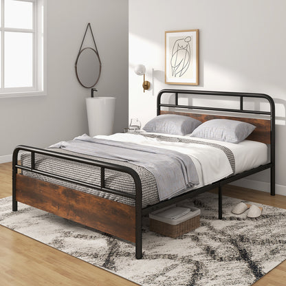 Industrial Metal Bed Frame with Rustic Headboard – Queen Size