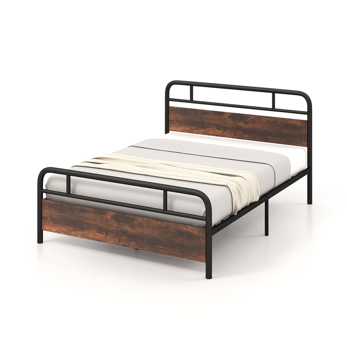 Industrial Metal Bed Frame with Rustic Headboard – Queen Size