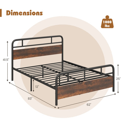 Industrial Metal Bed Frame with Rustic Headboard – Queen Size