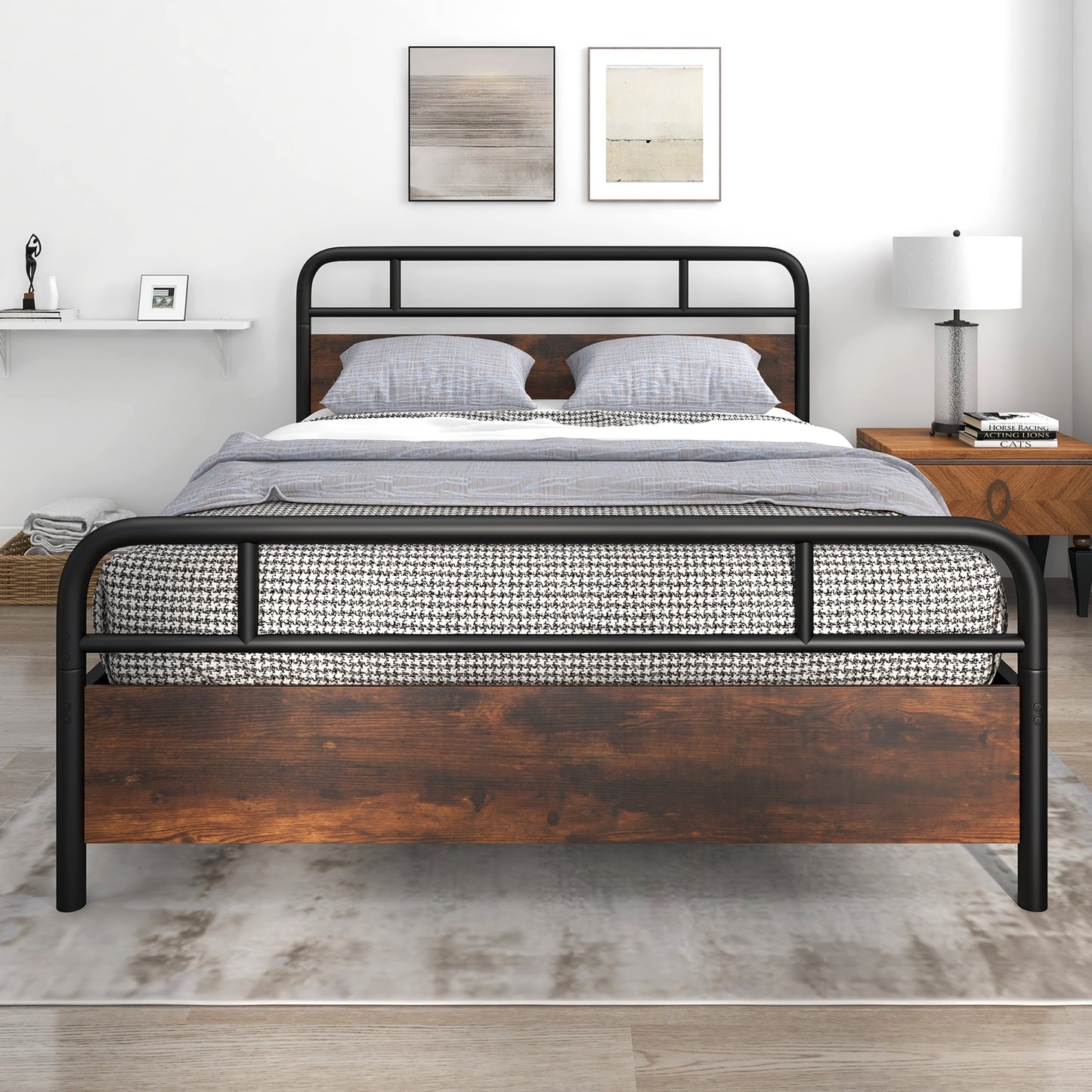 Industrial Metal Bed Frame with Rustic Headboard – Queen Size