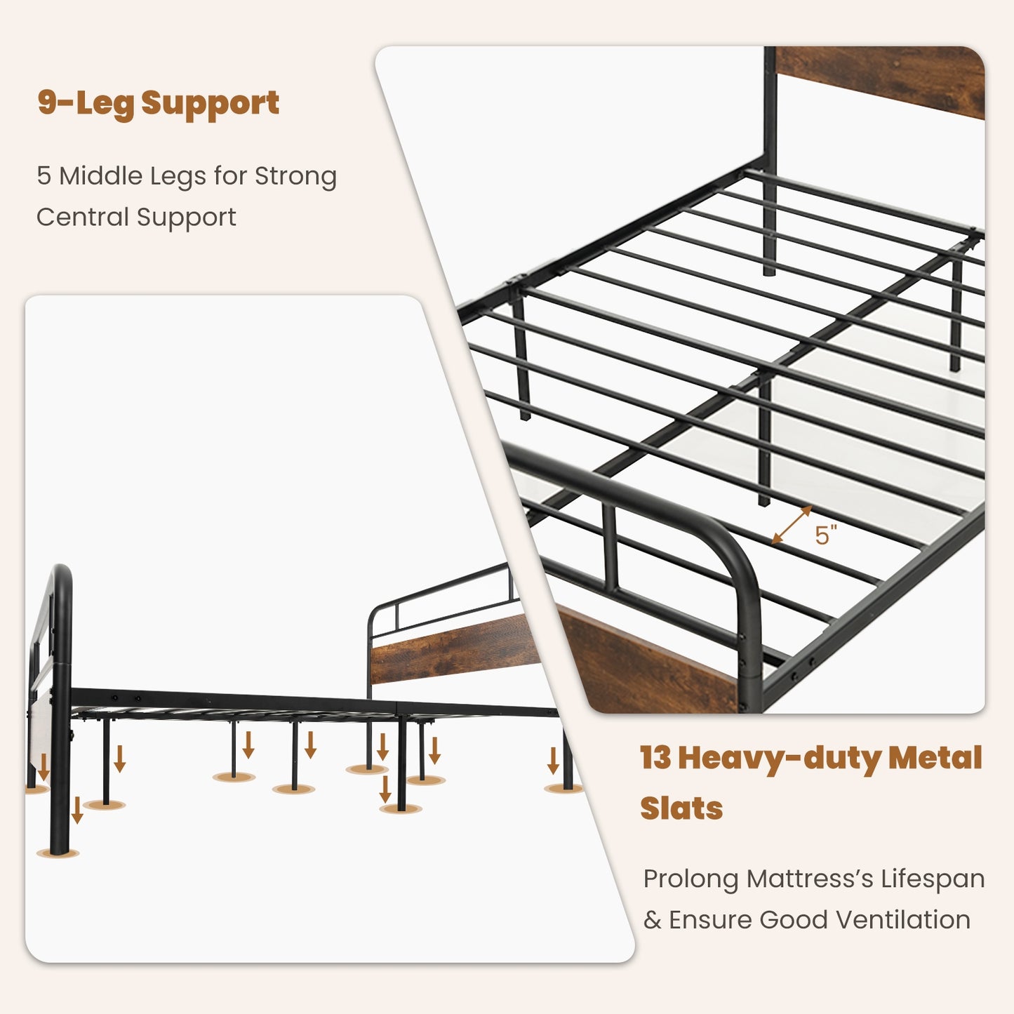 Industrial Metal Bed Frame with Rustic Headboard – Queen Size