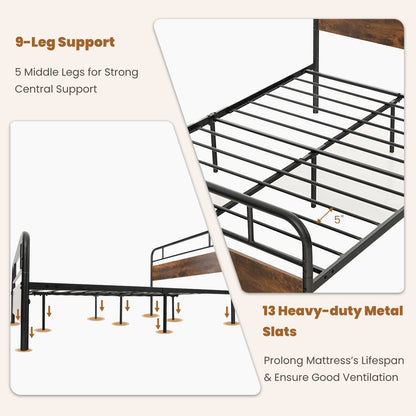 Industrial Metal Bed Frame with Rustic Headboard – Queen Size