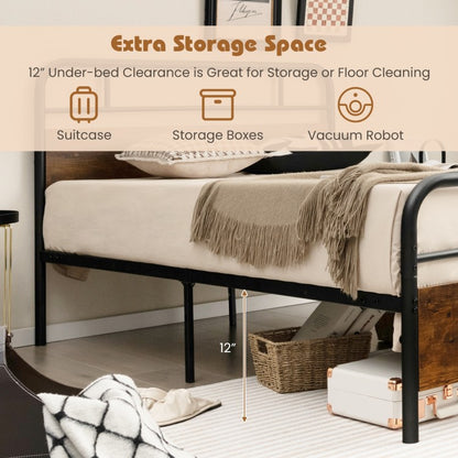 Industrial Metal Bed Frame with Rustic Headboard – Queen Size