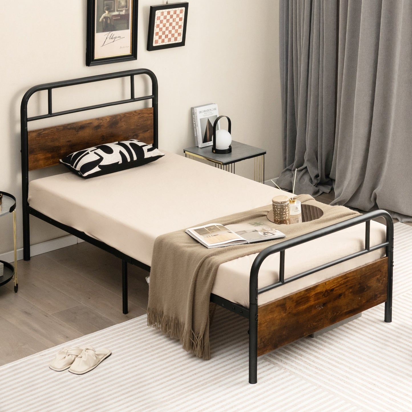 Industrial Metal Bed Frame with Rustic Headboard – Twin Size