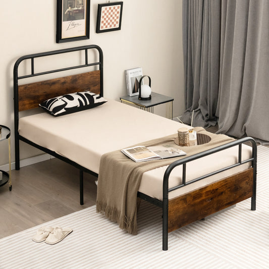 Industrial Metal Bed Frame with Rustic Headboard – Twin Size