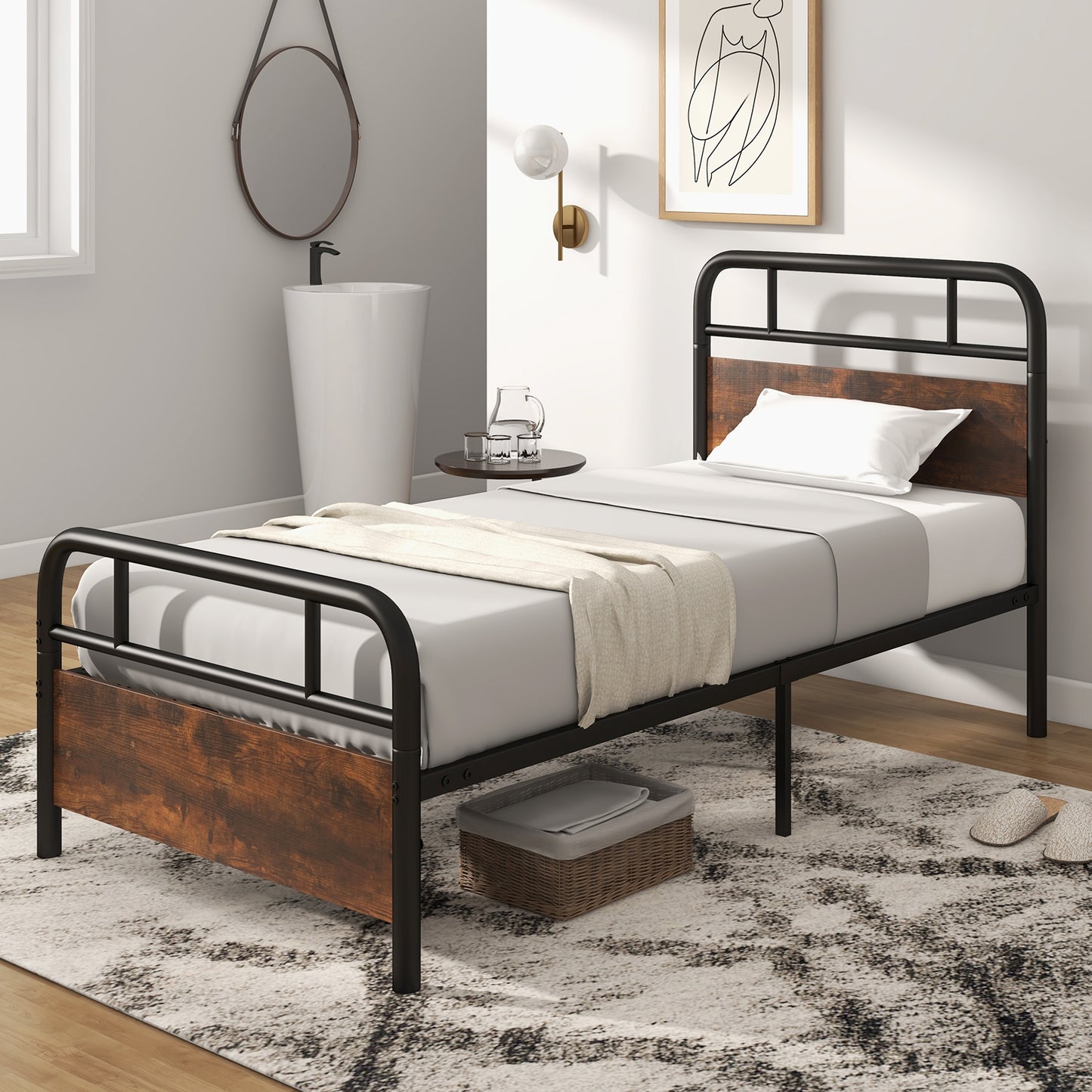 Industrial Metal Bed Frame with Rustic Headboard – Twin Size