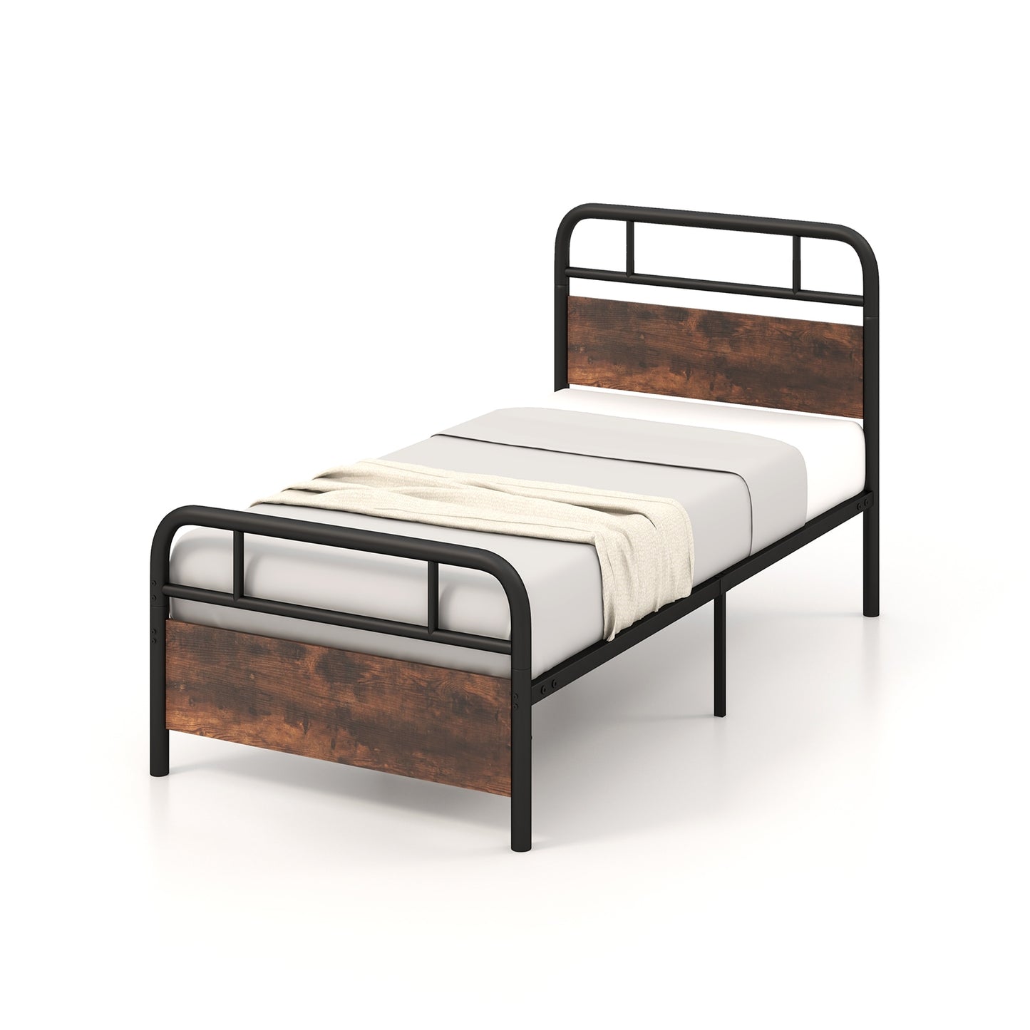 Industrial Metal Bed Frame with Rustic Headboard – Twin Size
