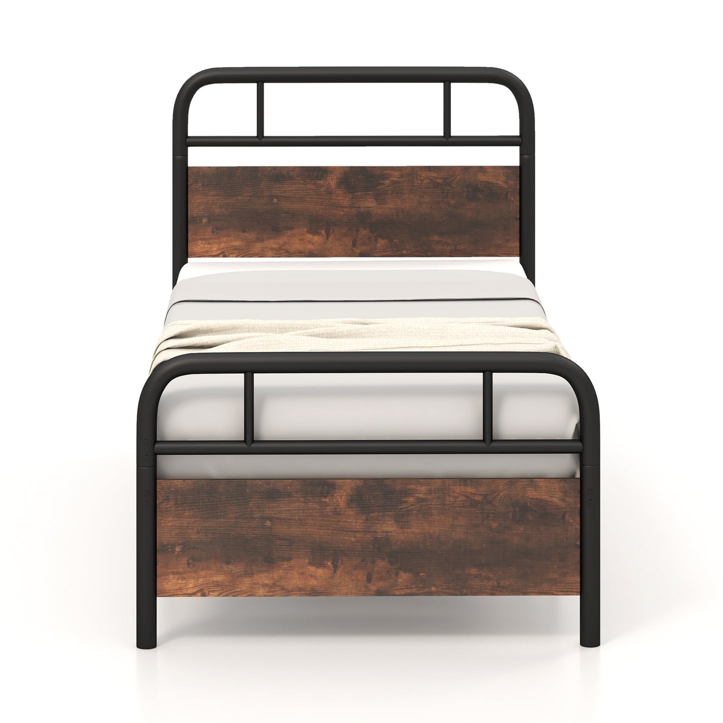 Industrial Metal Bed Frame with Rustic Headboard – Twin Size