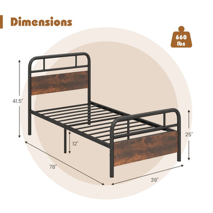 Industrial Metal Bed Frame with Rustic Headboard – Twin Size