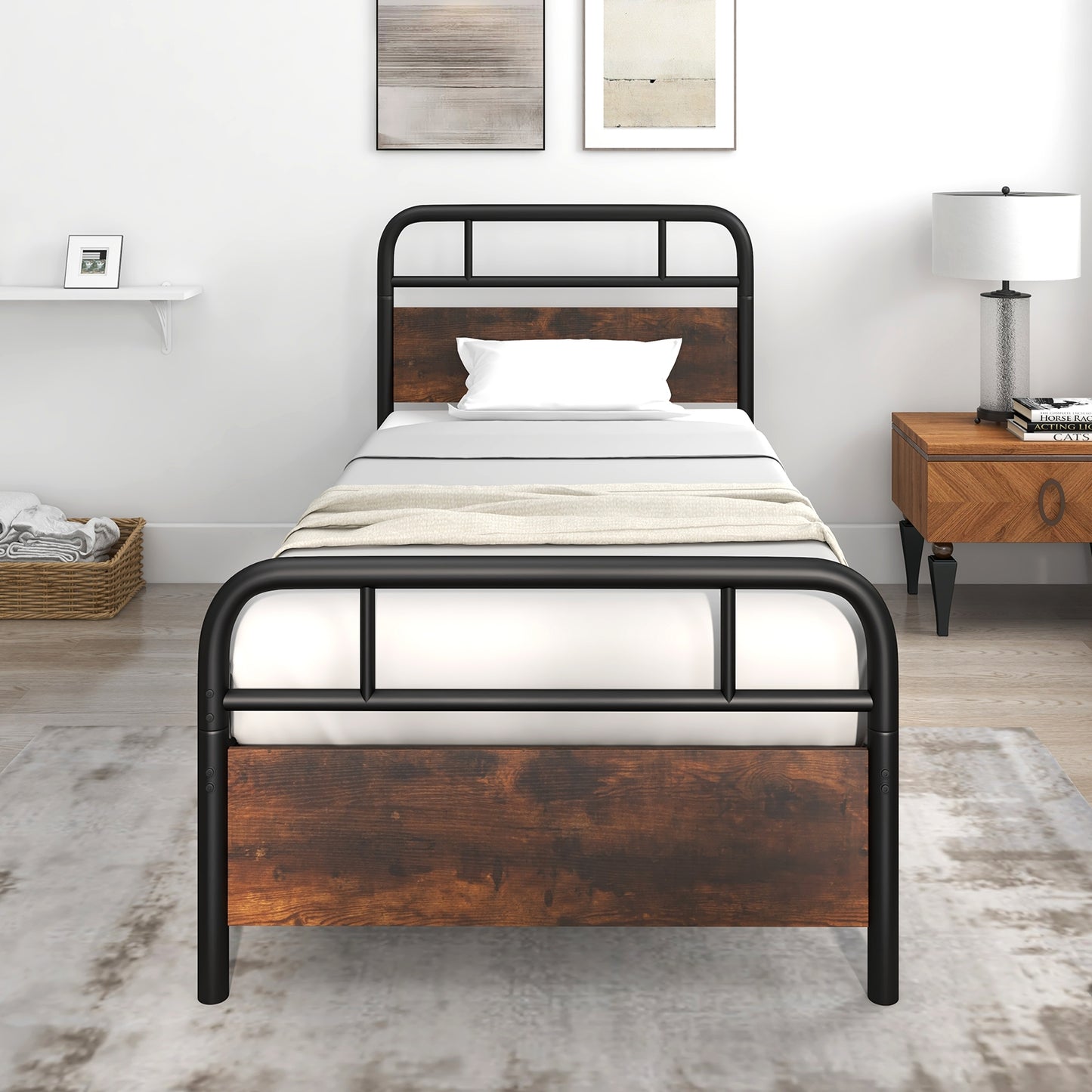 Industrial Metal Bed Frame with Rustic Headboard – Twin Size