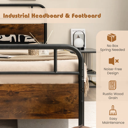 Industrial Metal Bed Frame with Rustic Headboard – Twin Size