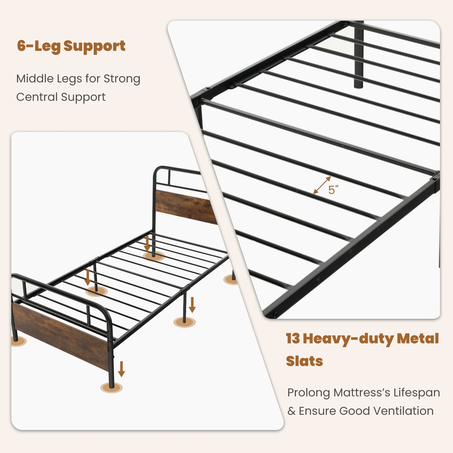 Industrial Metal Bed Frame with Rustic Headboard – Twin Size