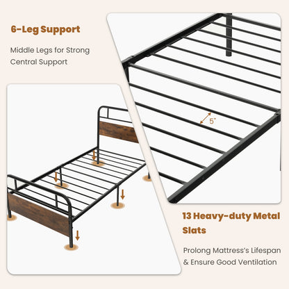 Industrial Metal Bed Frame with Rustic Headboard – Twin Size