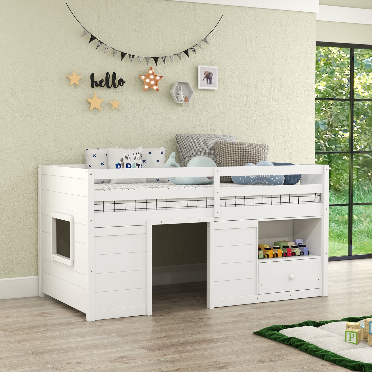 Functional Twin Low Loft Bed with Solid Wood Frame, Storage, and Drawer