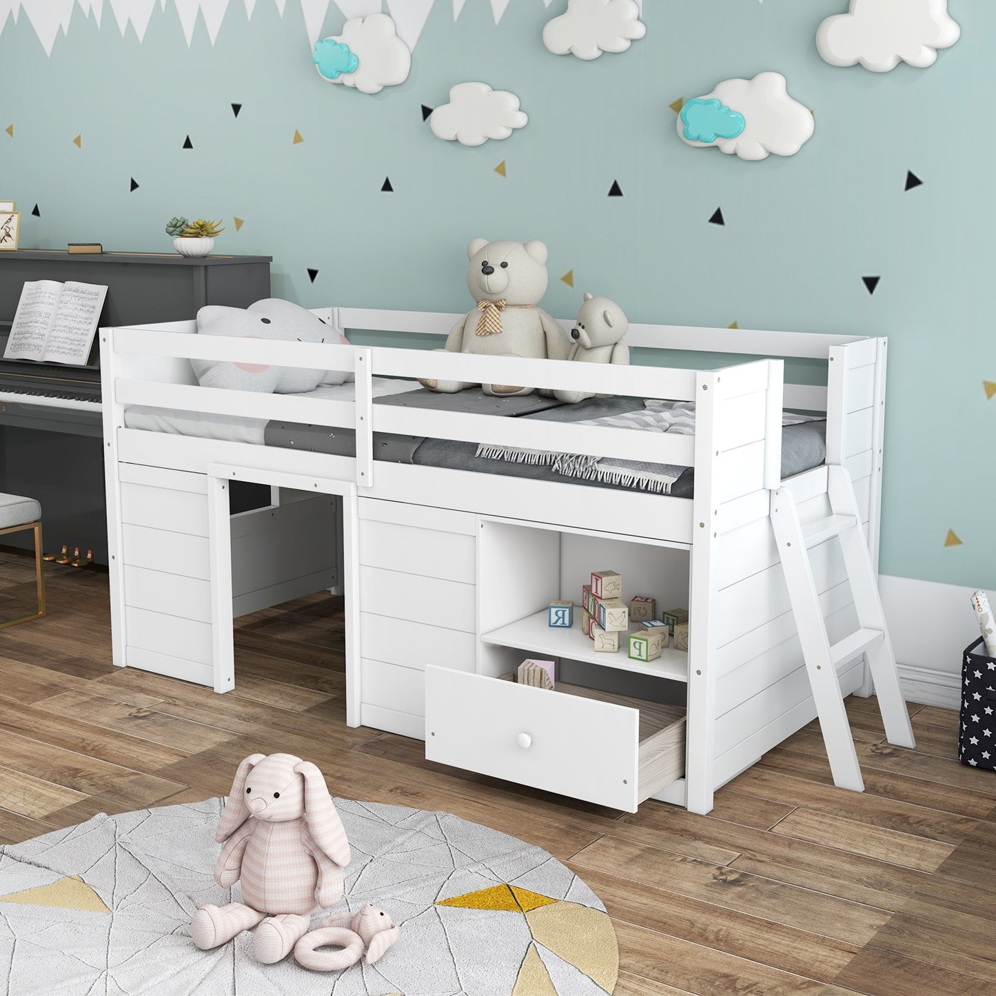 Functional Twin Low Loft Bed with Solid Wood Frame, Storage, and Drawer