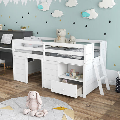 Functional Twin Low Loft Bed with Solid Wood Frame, Storage, and Drawer