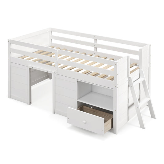 Functional Twin Low Loft Bed with Solid Wood Frame, Storage, and Drawer
