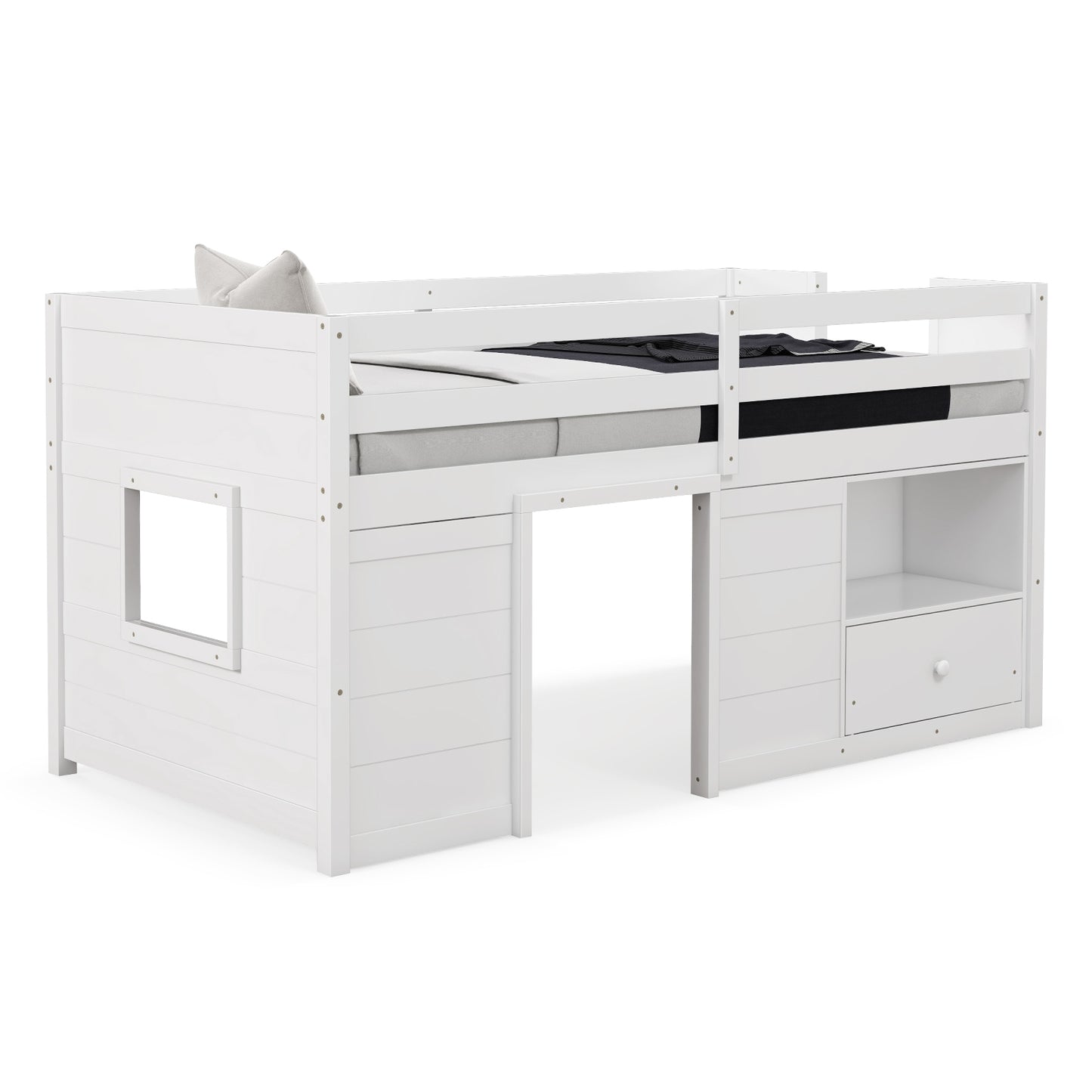 Functional Twin Low Loft Bed with Solid Wood Frame, Storage, and Drawer