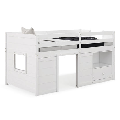 Functional Twin Low Loft Bed with Solid Wood Frame, Storage, and Drawer