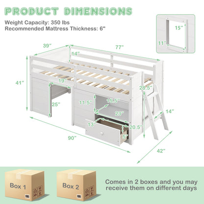 Functional Twin Low Loft Bed with Solid Wood Frame, Storage, and Drawer