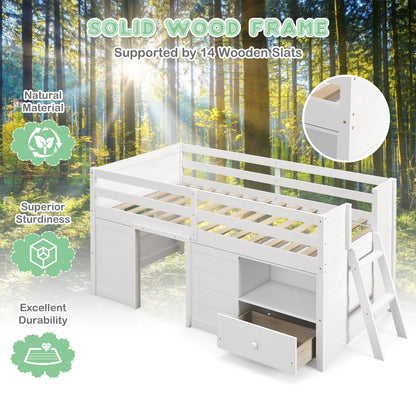 Functional Twin Low Loft Bed with Solid Wood Frame, Storage, and Drawer