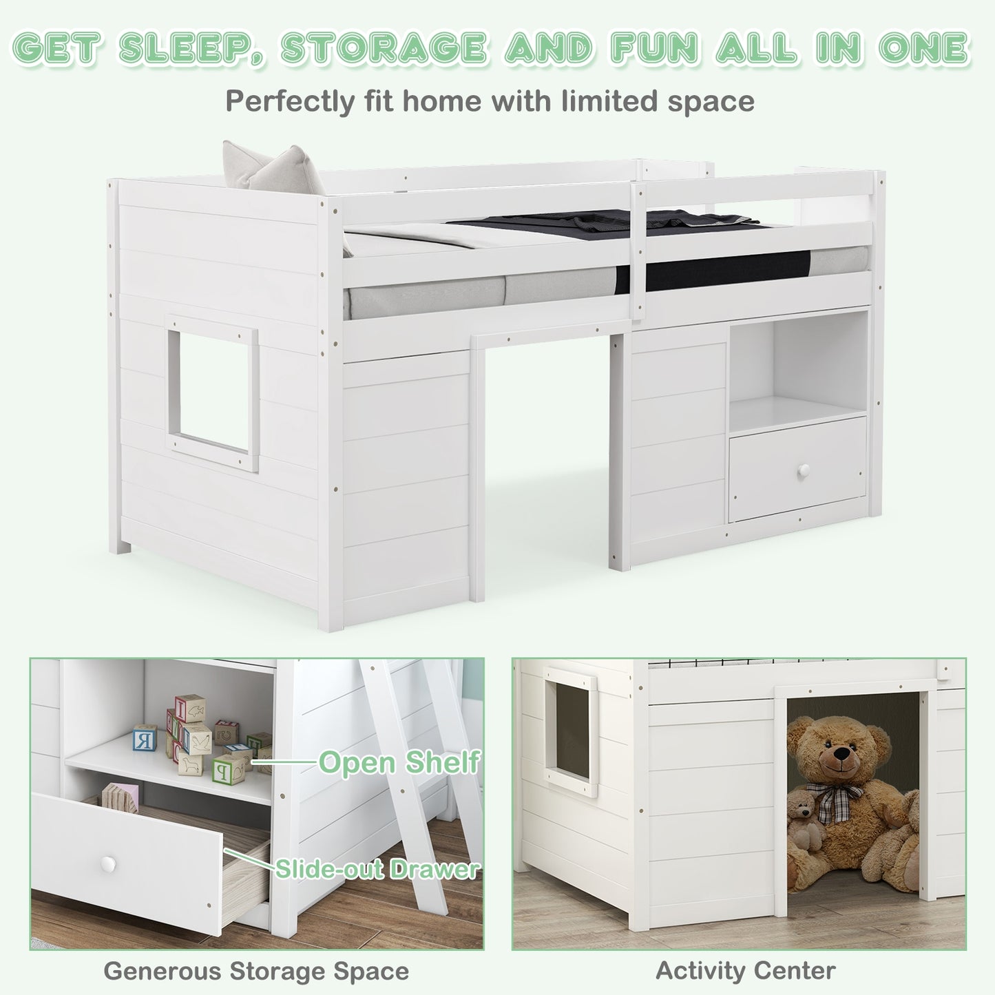 Functional Twin Low Loft Bed with Solid Wood Frame, Storage, and Drawer