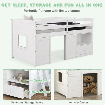 Functional Twin Low Loft Bed with Solid Wood Frame, Storage, and Drawer