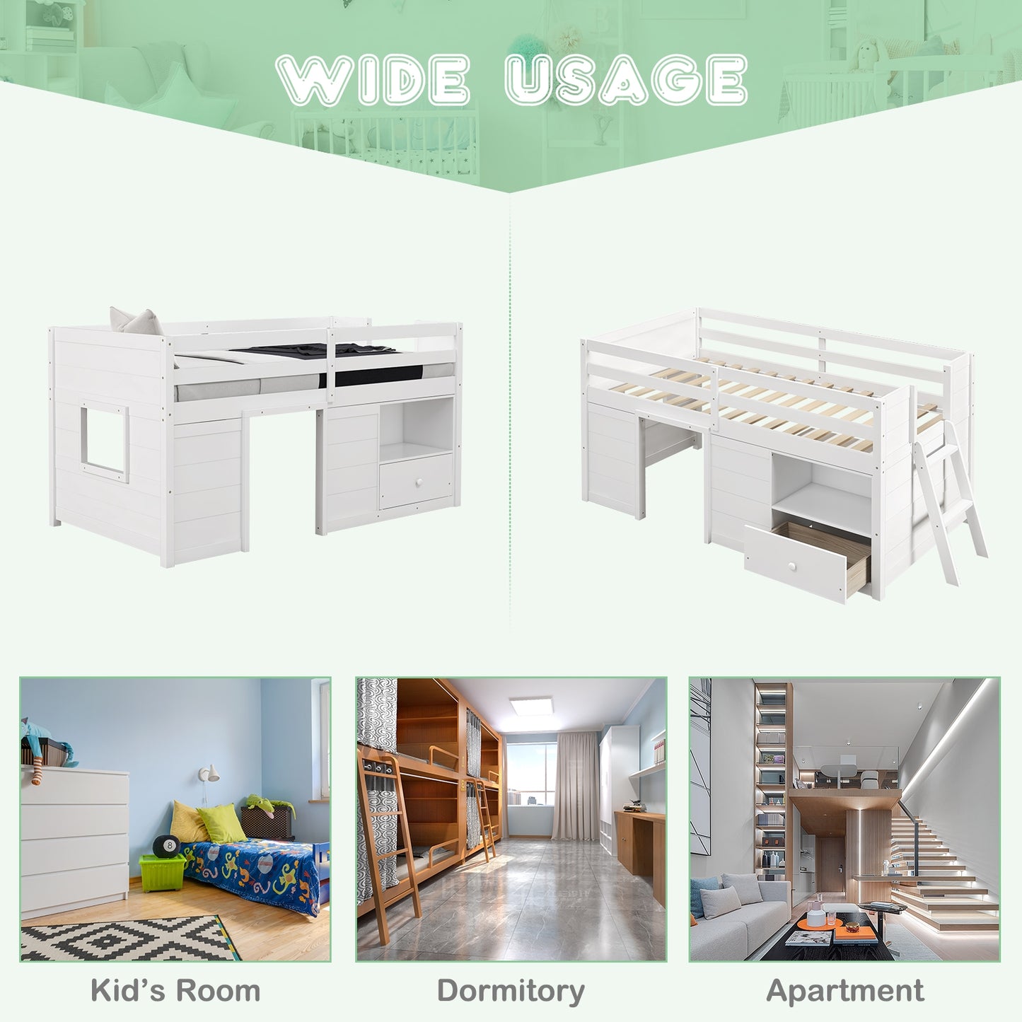Functional Twin Low Loft Bed with Solid Wood Frame, Storage, and Drawer