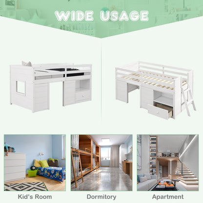 Functional Twin Low Loft Bed with Solid Wood Frame, Storage, and Drawer