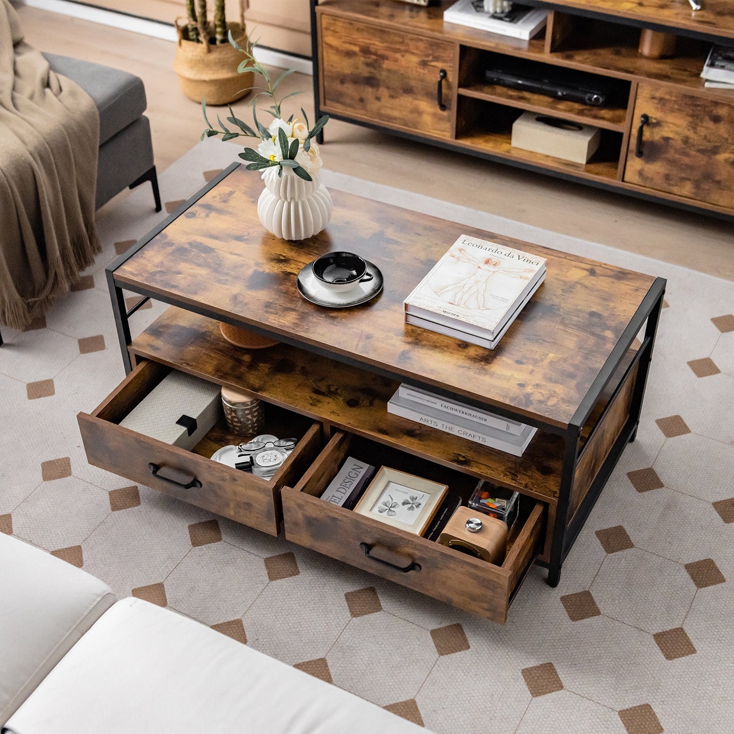 Multi-Functional Coffee Table with 2 Pull-Out Drawers and Open Storage