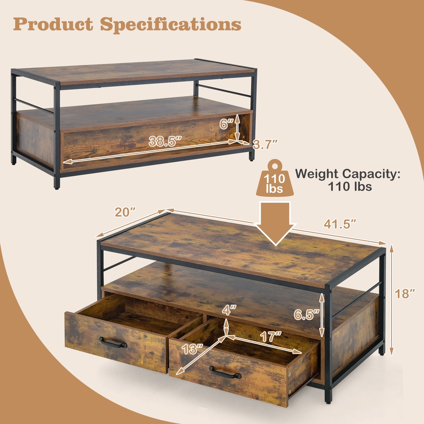 Multi-Functional Coffee Table with 2 Pull-Out Drawers and Open Storage