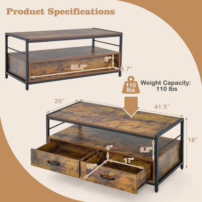 Multi-Functional Coffee Table with 2 Pull-Out Drawers and Open Storage