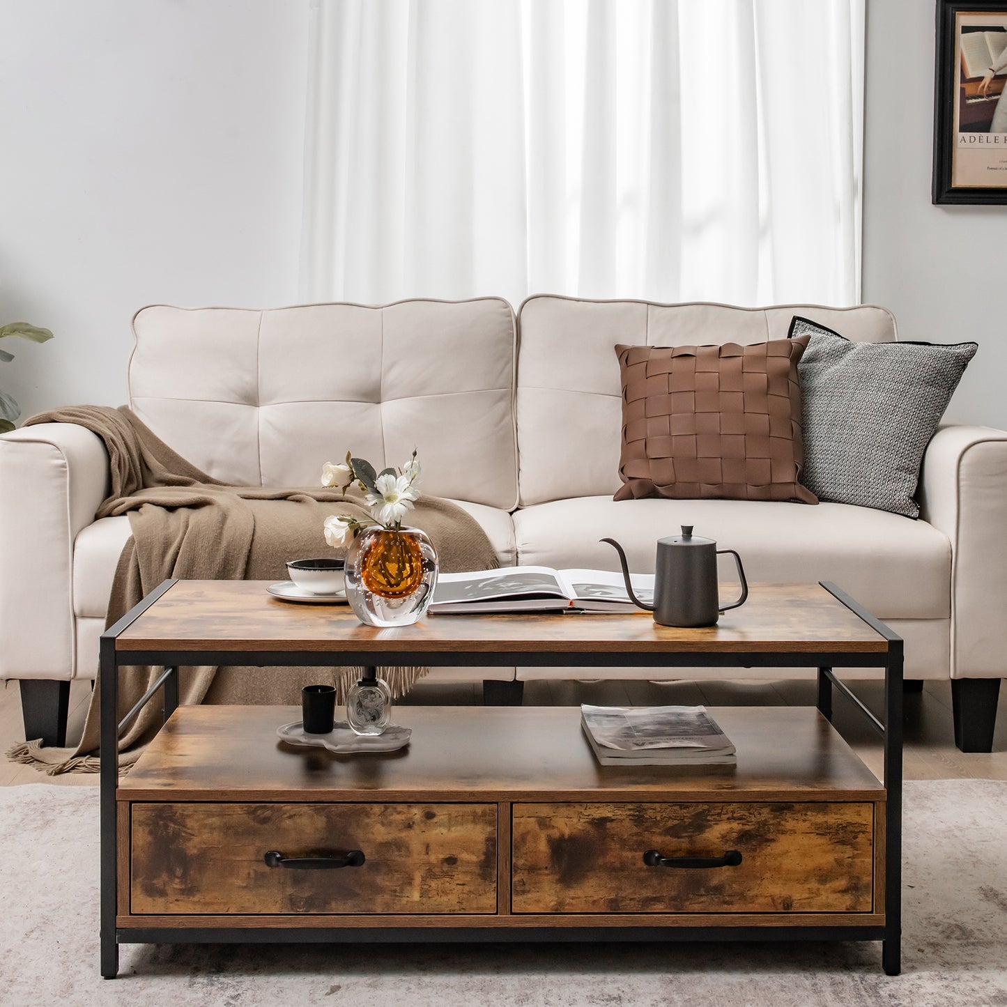 Multi-Functional Coffee Table with 2 Pull-Out Drawers and Open Storage
