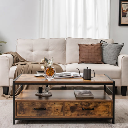 Multi-Functional Coffee Table with 2 Pull-Out Drawers and Open Storage