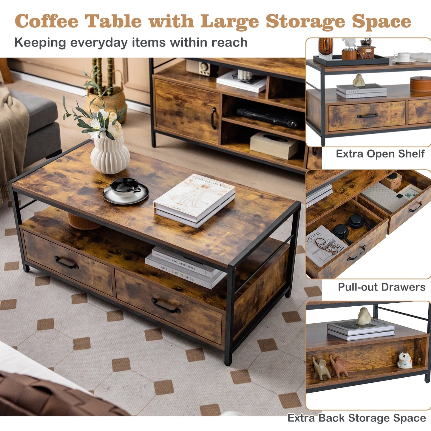 Multi-Functional Coffee Table with 2 Pull-Out Drawers and Open Storage