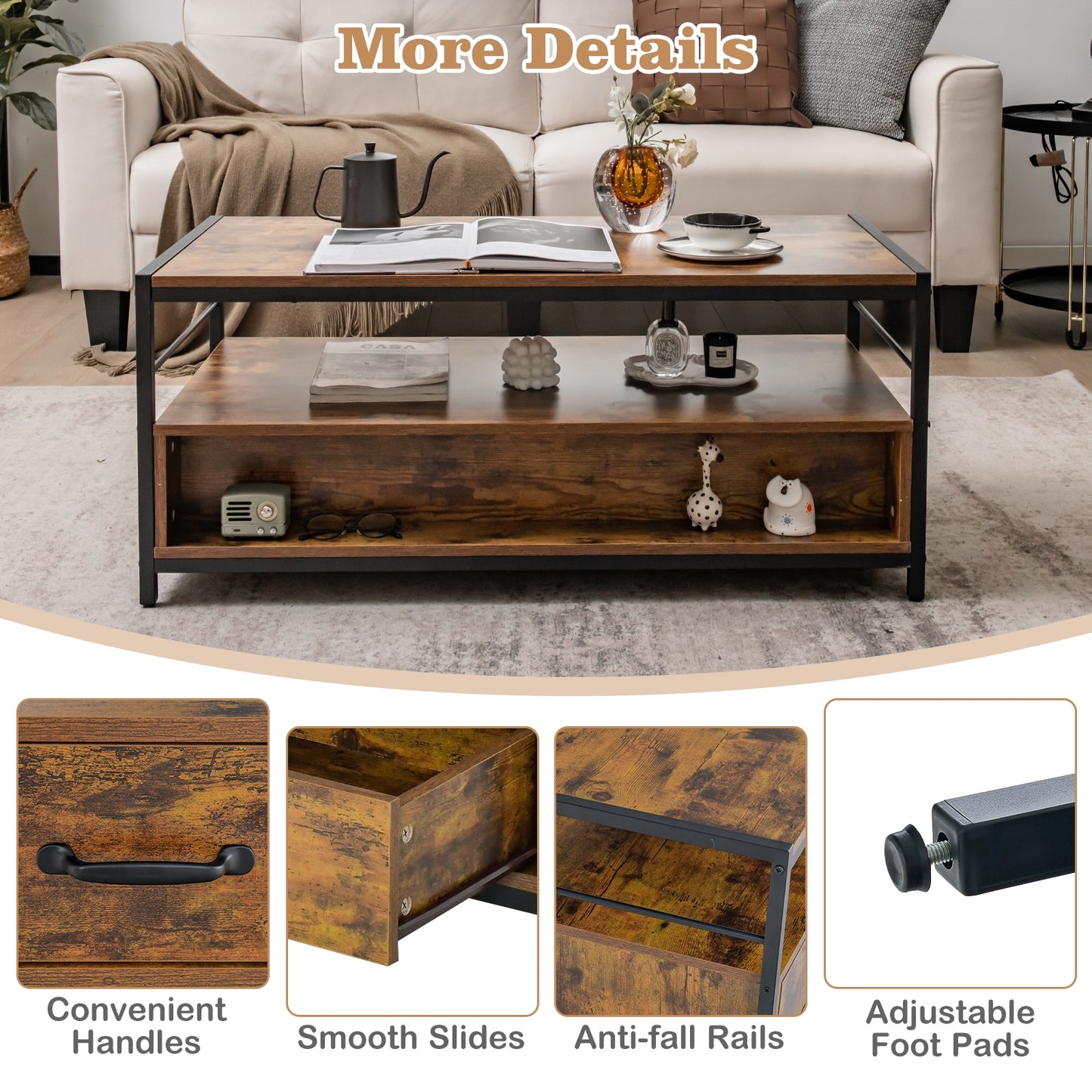 Multi-Functional Coffee Table with 2 Pull-Out Drawers and Open Storage