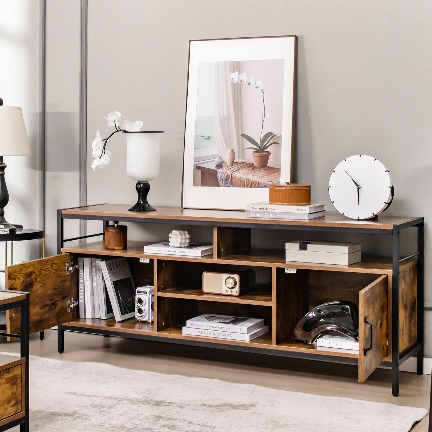 Rustic TV Stand with 2 Side Cabinets and Adjustable Center Shelf – 58 Inch for 65 Inch TVs