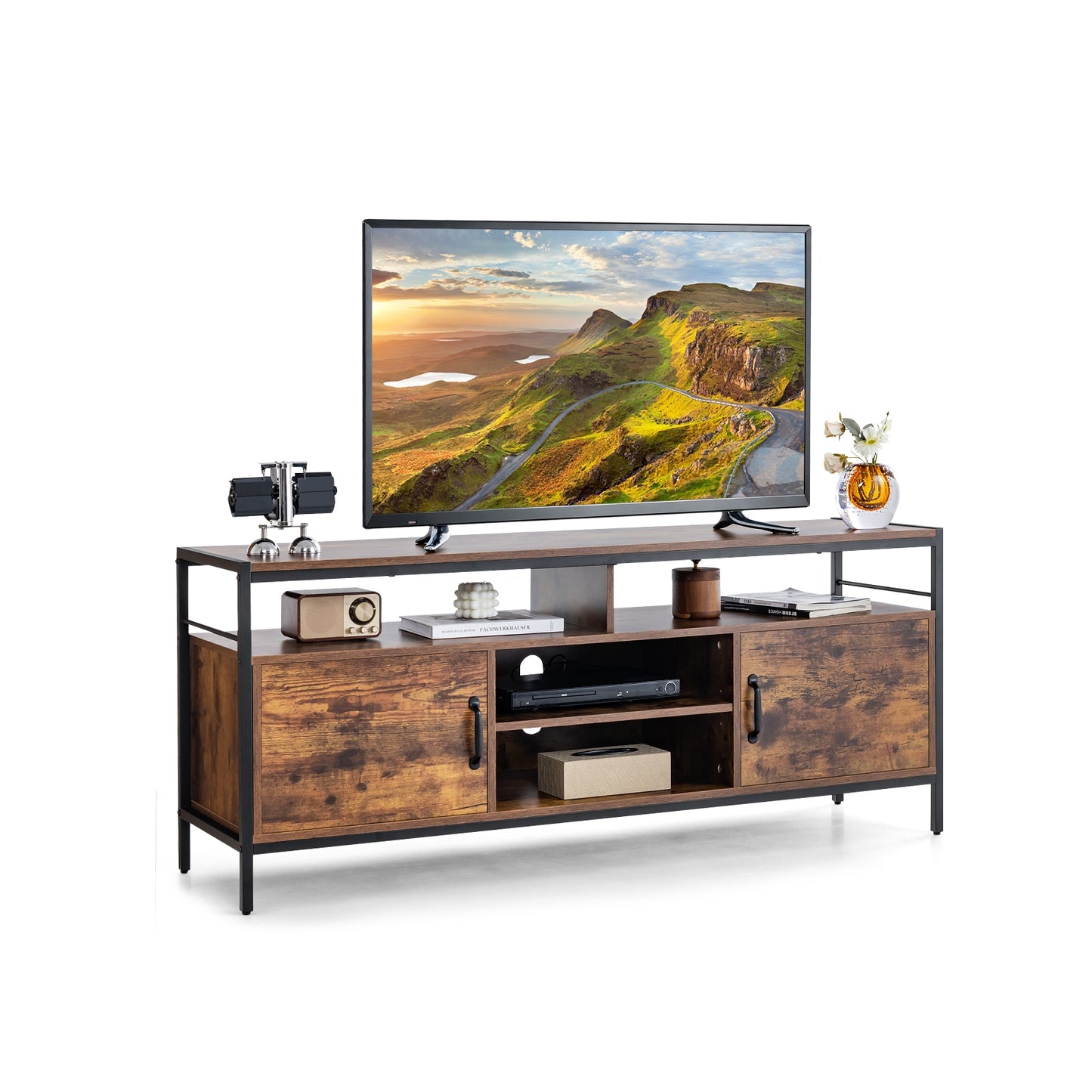 Rustic TV Stand with 2 Side Cabinets and Adjustable Center Shelf – 58 Inch for 65 Inch TVs