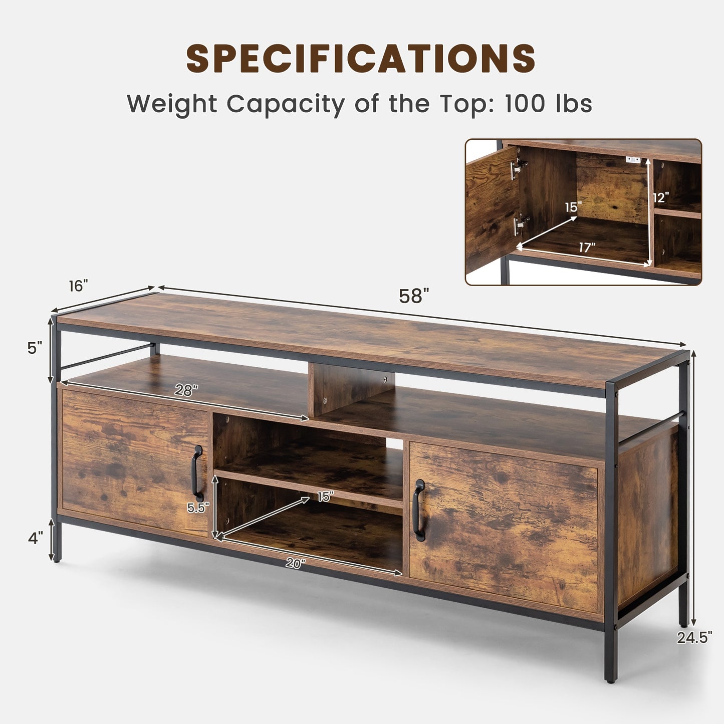 Rustic TV Stand with 2 Side Cabinets and Adjustable Center Shelf – 58 Inch for 65 Inch TVs